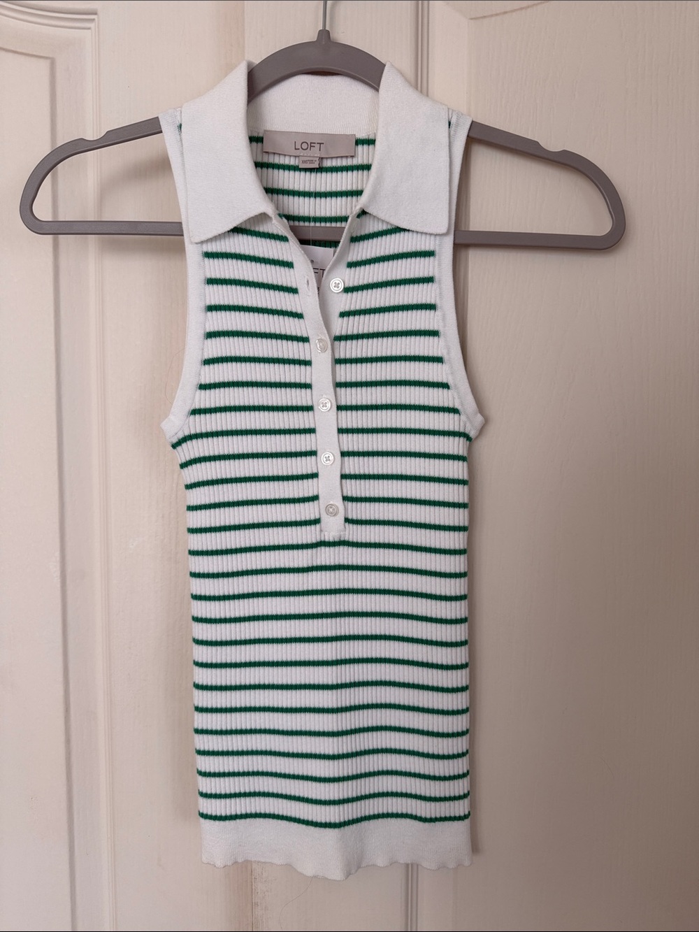 LOFT White & Green Striped Sleeveless Polo Tank